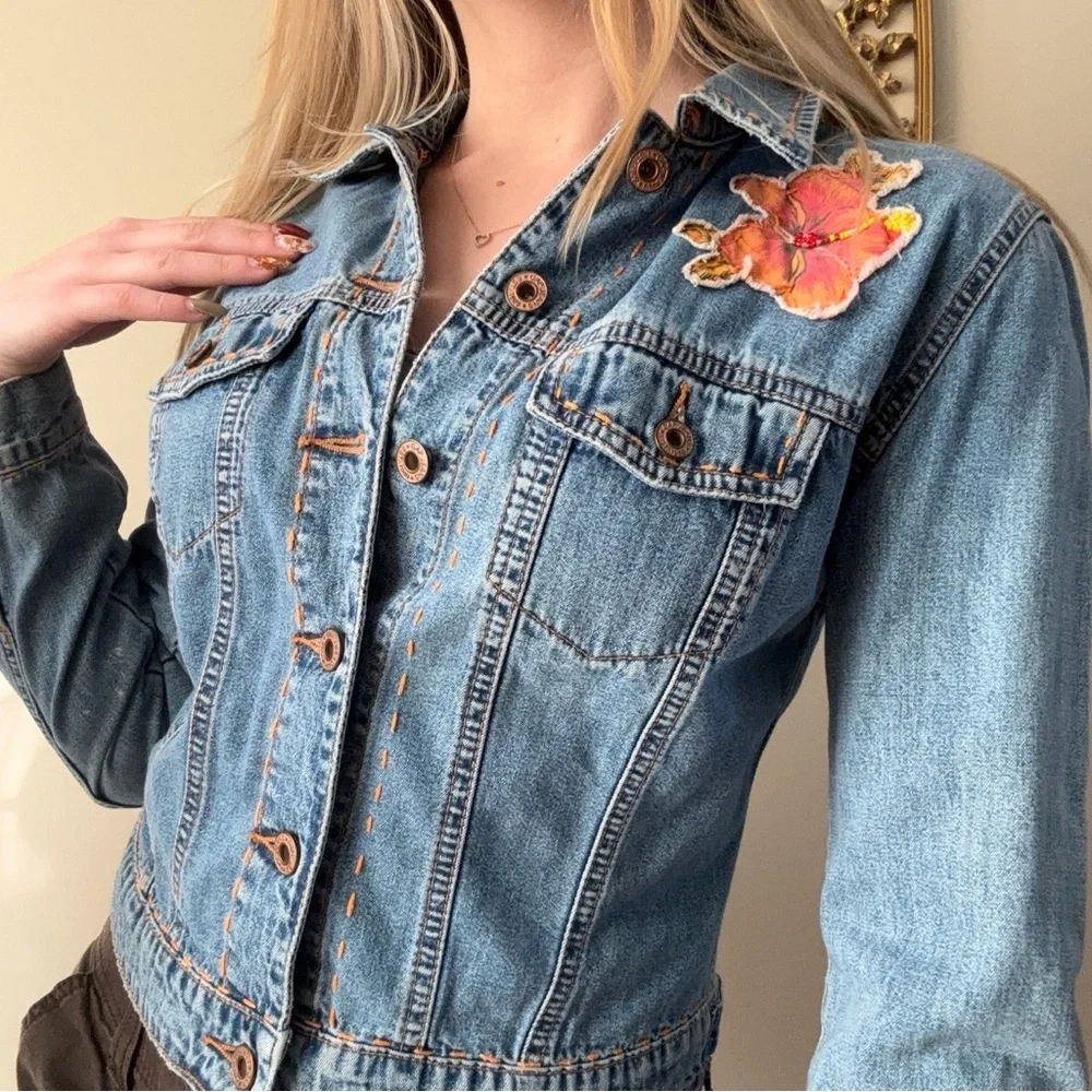 GAP Cropped Denim Jacket with Orange Stitching and Flower Patch